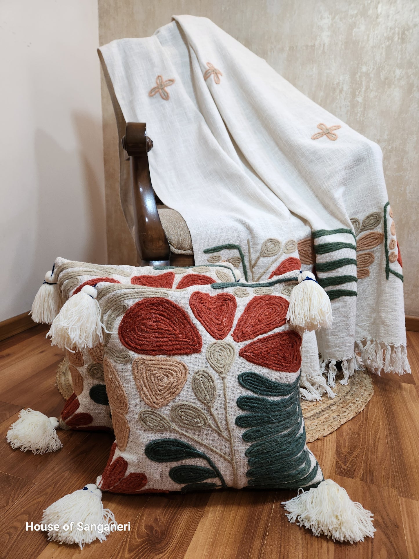 Rusty Green Embroidery and Tassel Throw
