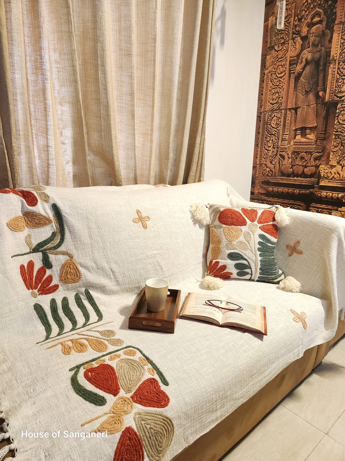 Rusty Green Embroidery and Tassel Throw