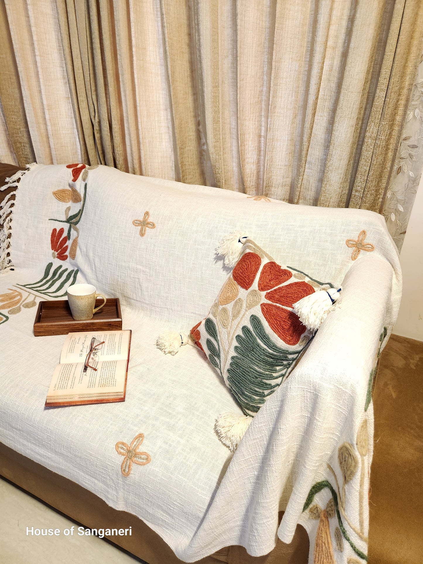 Rusty Green Embroidery and Tassel Throw