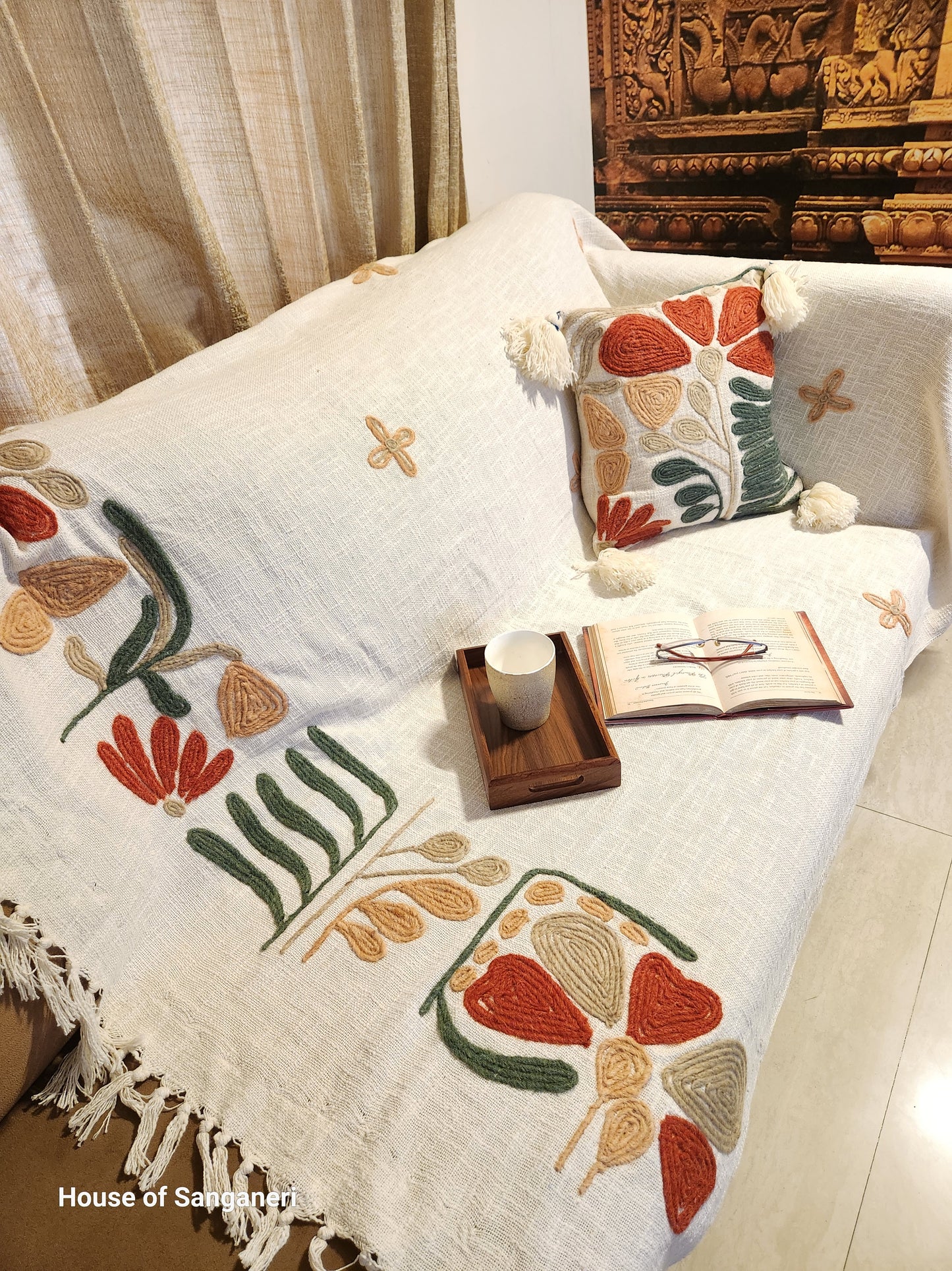 Rusty Green Embroidery and Tassel Throw