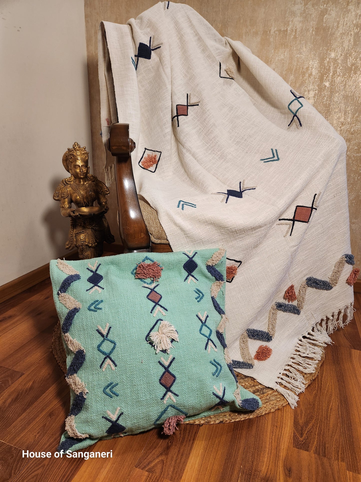 Geometric Embroidery and Tassel Throw
