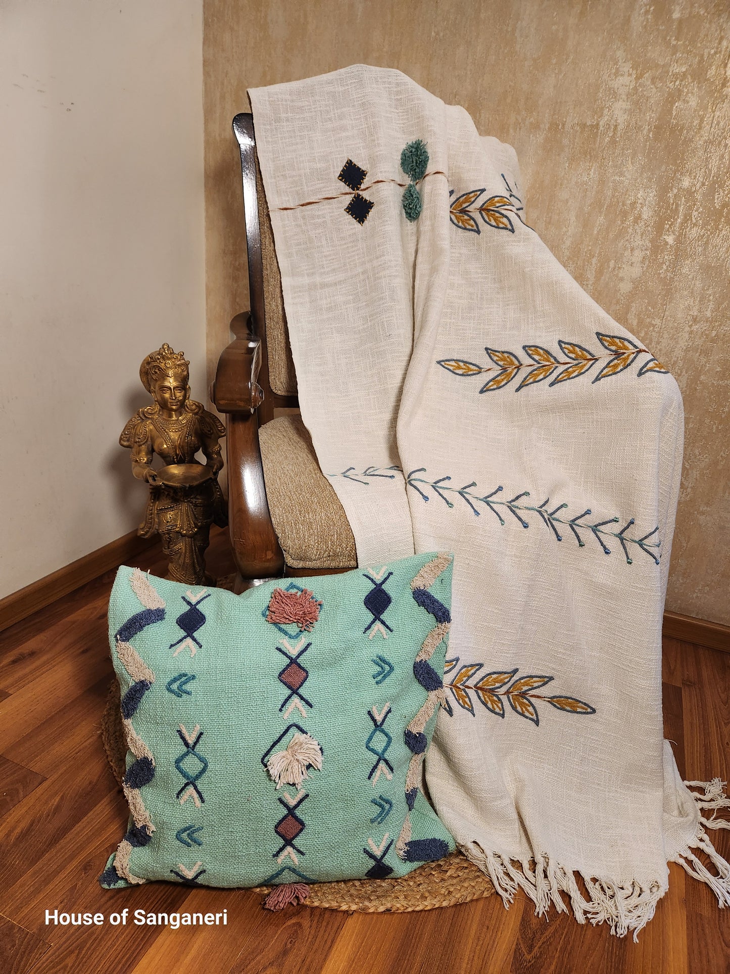 Leaf Embroidery and Tassel Throw