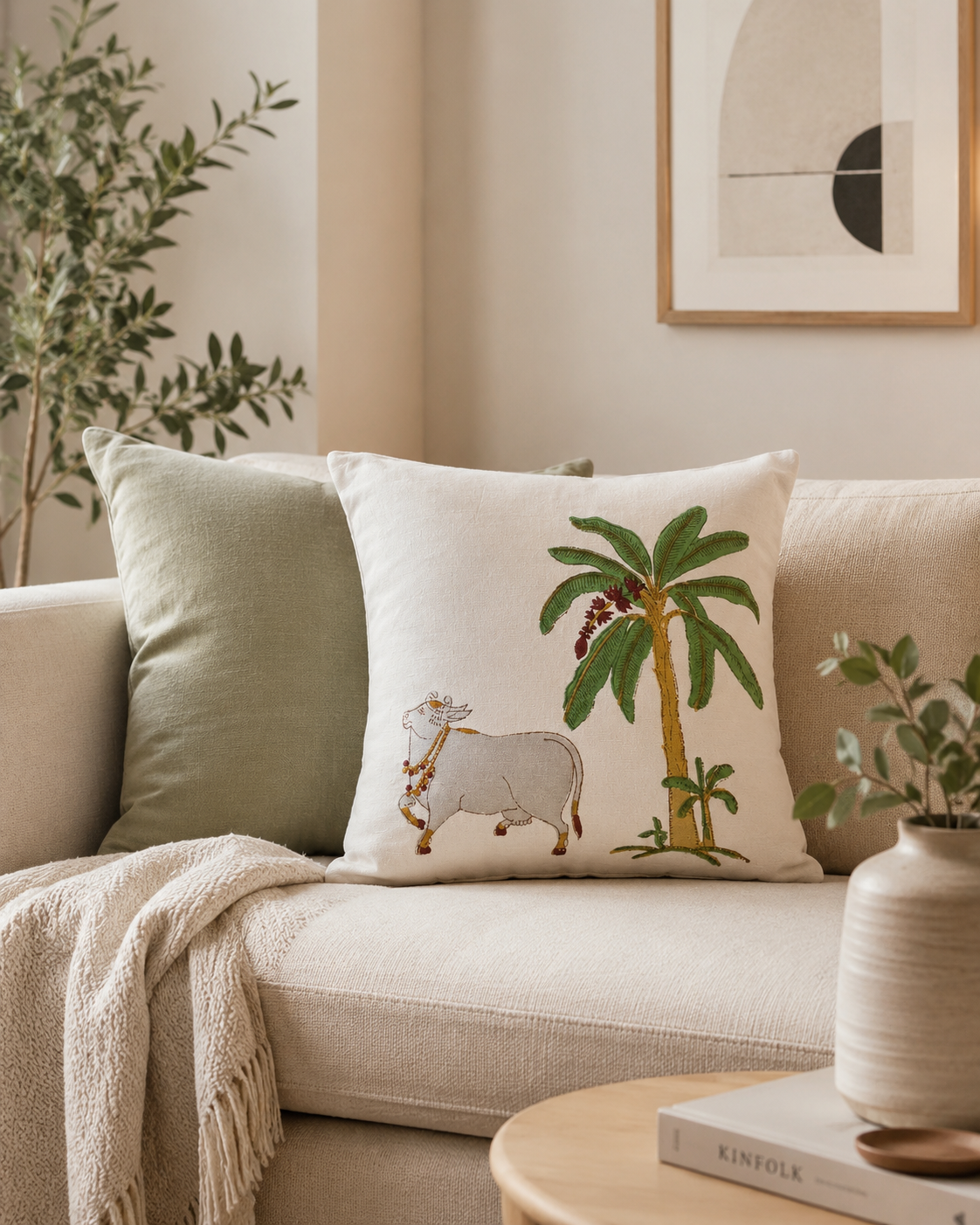 Nandi Pichwai Canvas Cotton Cushion Cover