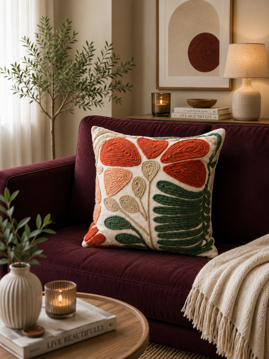 Rusty Green Embroidery and Tassel Cushion Cover