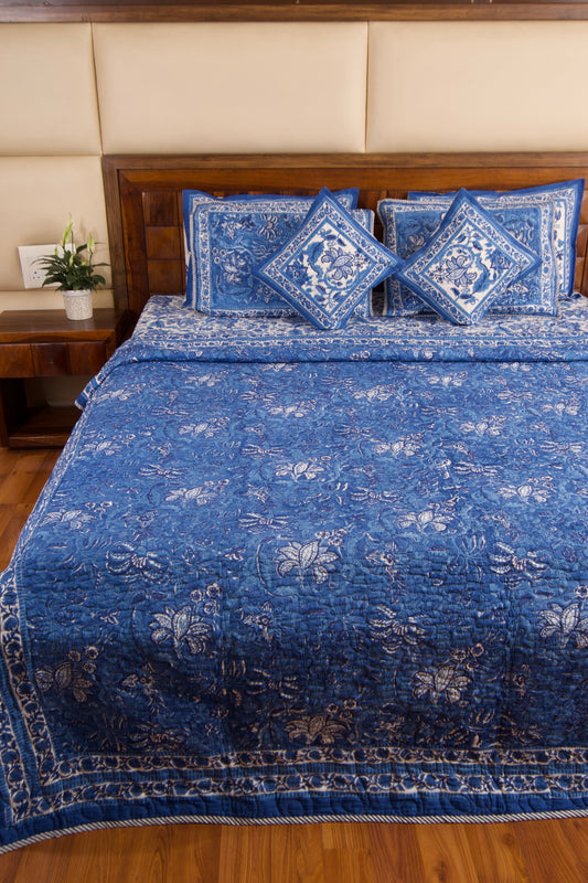 Blue Pottery- White Bedsheet & Bedcover Set