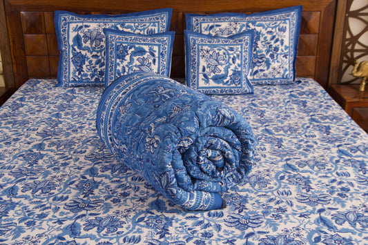 Blue Pottery- White Bedsheet & Quilt Set