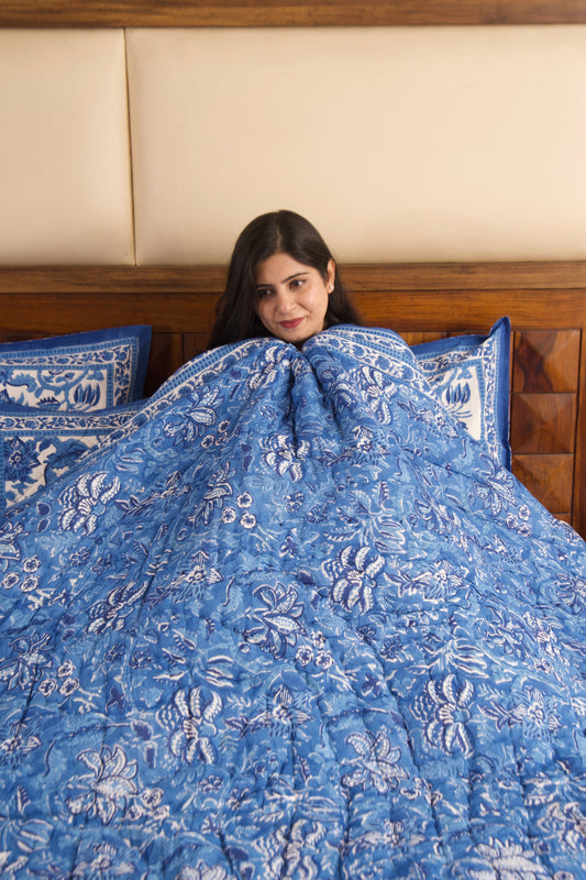 Blue Pottery Reversible Mulmul Cotton Quilt-King Size
