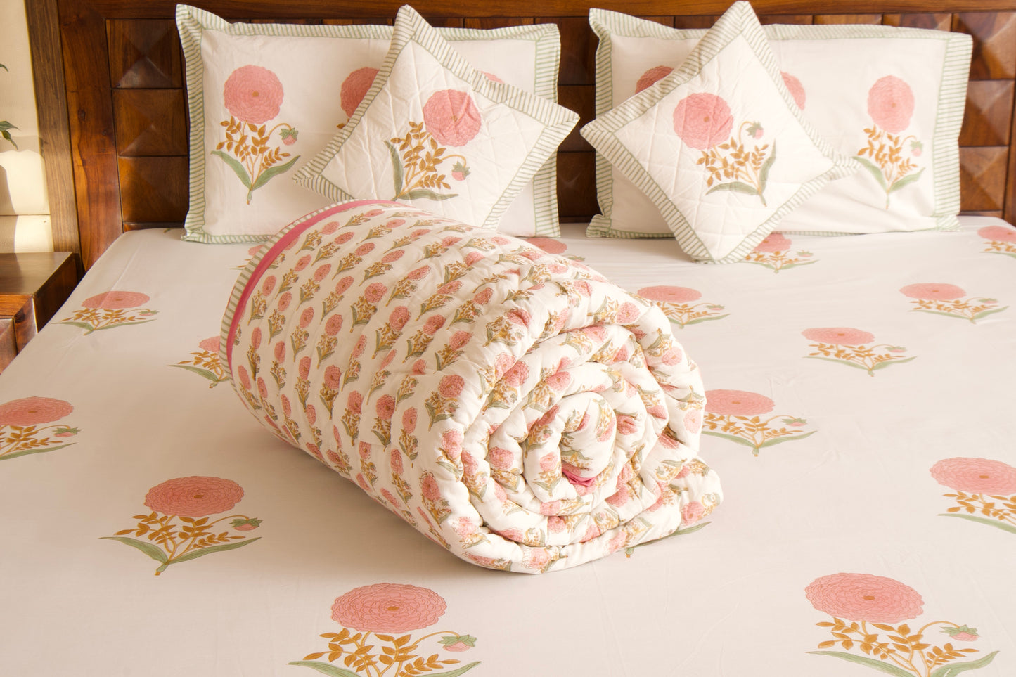 Pink Marigold Bedsheet & Quilt Set