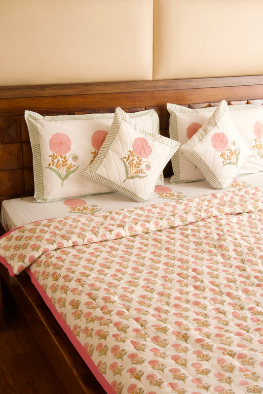 Pink Marigold Bedsheet & Quilt Set