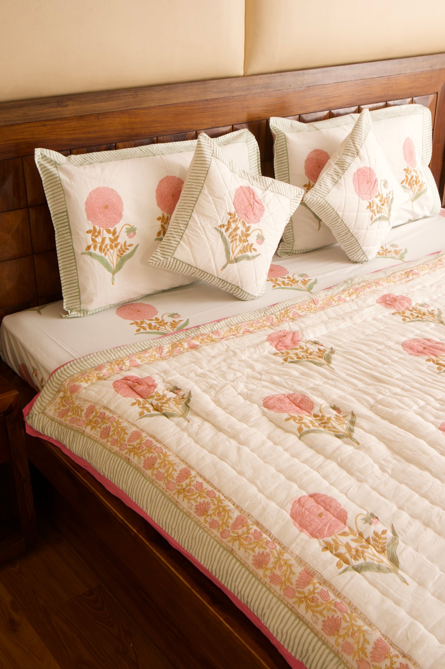 Pink Marigold Bedsheet & Quilt Set