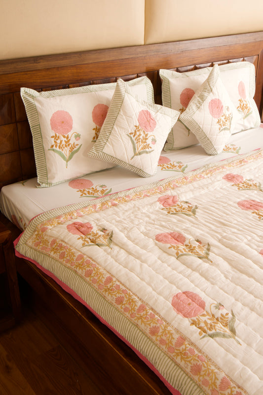 Pink Marigold Reversible Mulmul Cotton Quilt-King Size