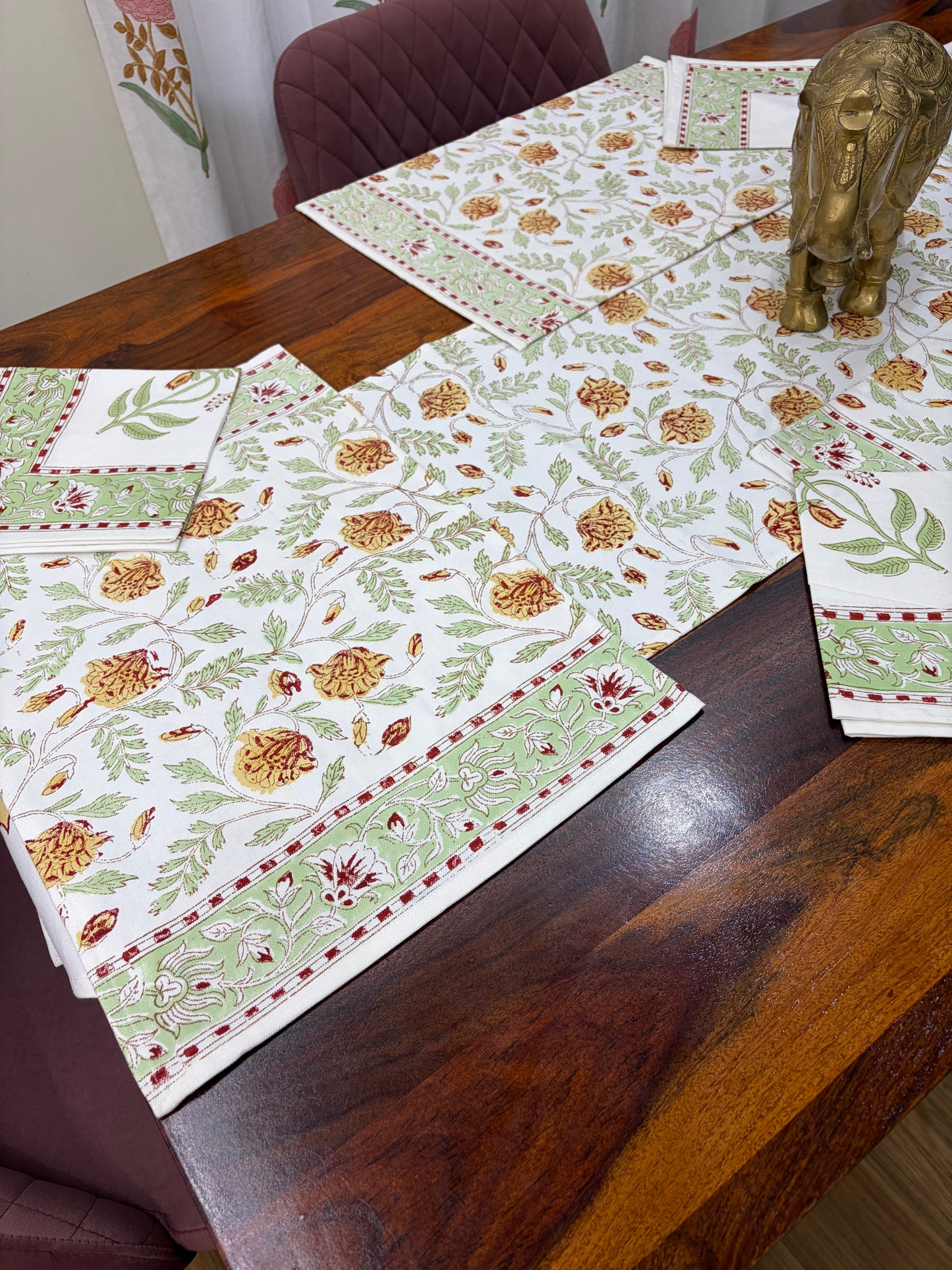 Yellow Green Mughal Jaal Table Runner, Mat & Napkin Set