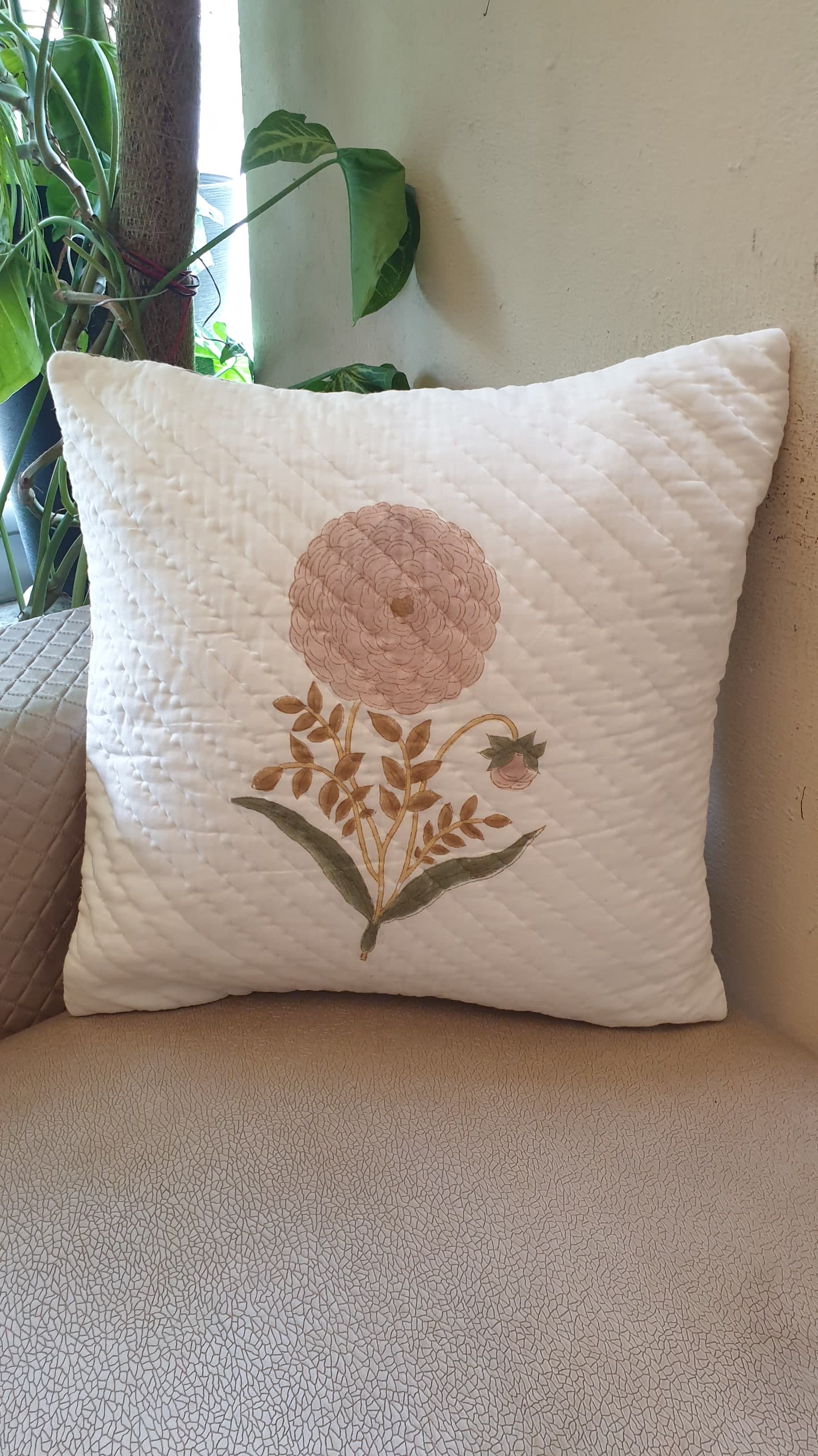 Peach Marigold Hand Quilted Cushion Cover