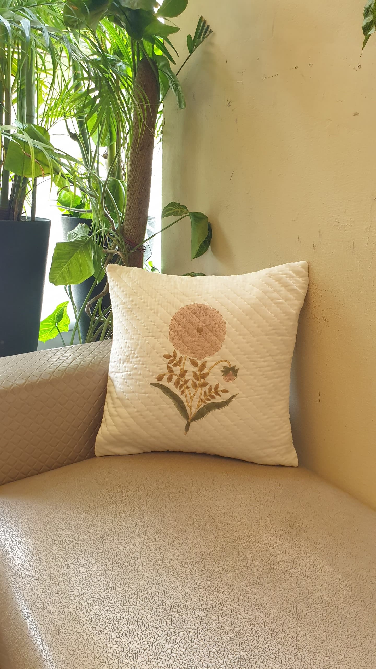 Peach Marigold Hand Quilted Cushion Cover