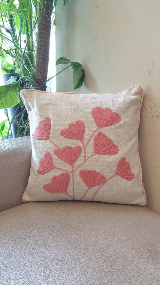 Salmon Pink Petals Embroidery Cushion Cover