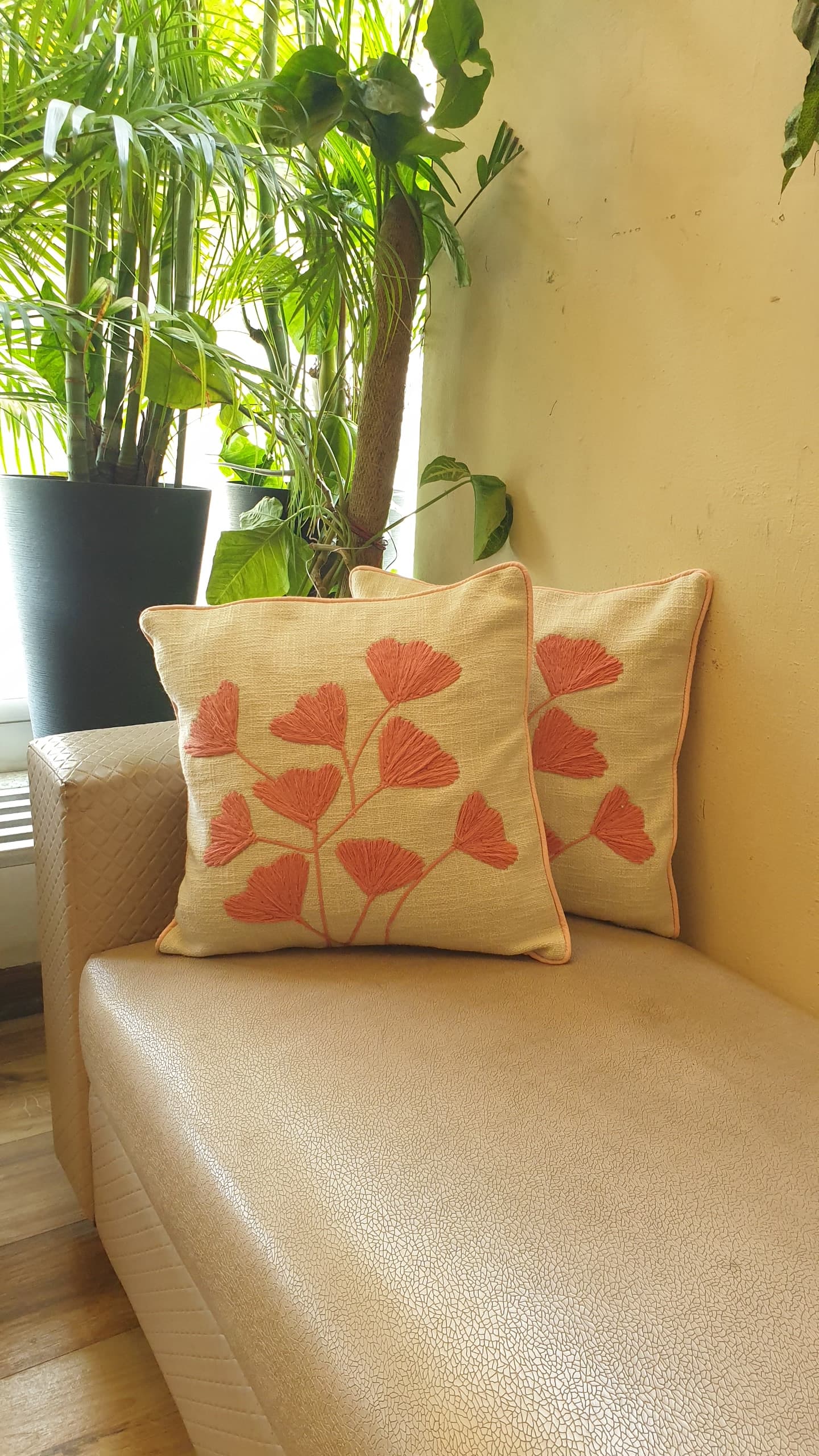 Salmon Pink Petals Embroidery Cushion Cover