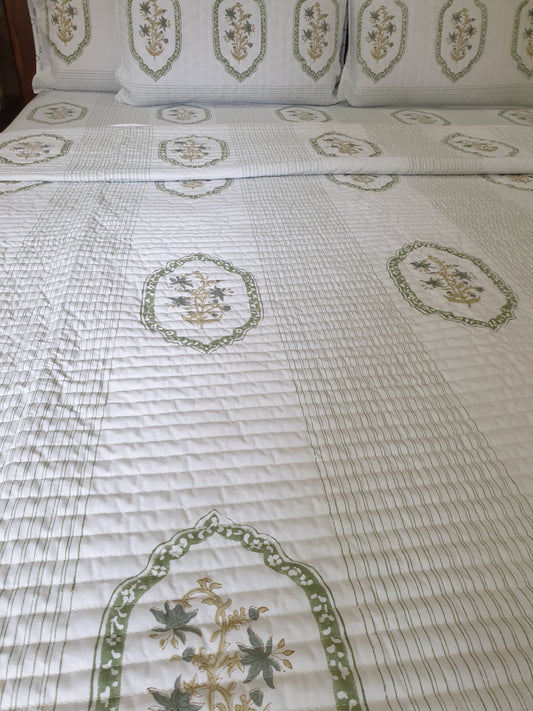 Green Jasmine Mirror Quilted Reversible Bedcover