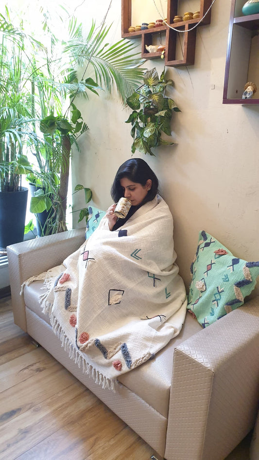 Geometric Embroidery and Tassel Throw