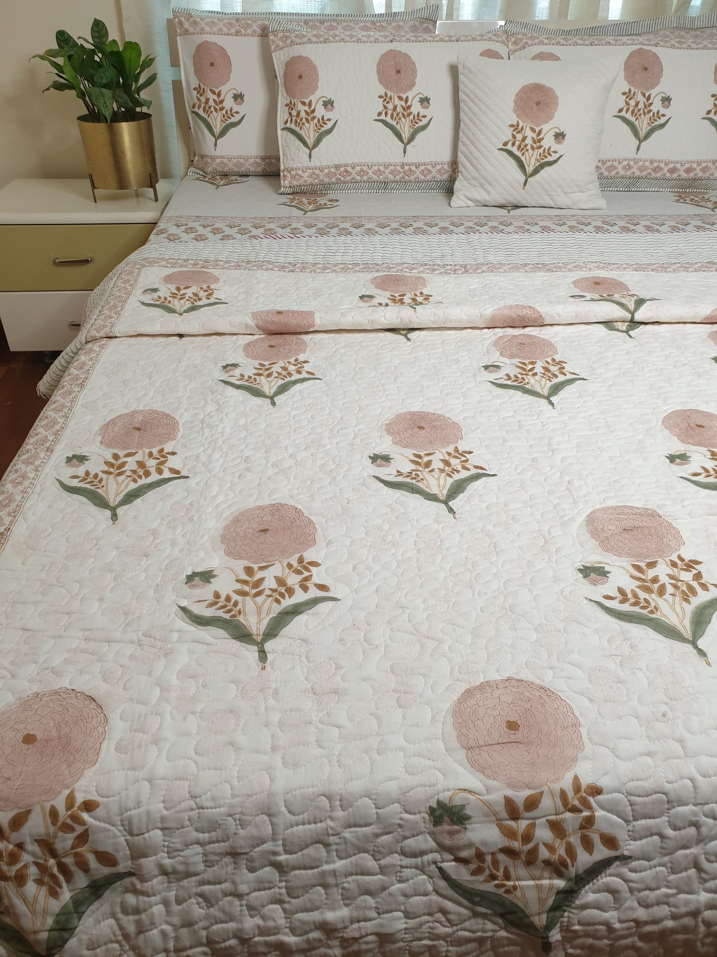 Peach Marigold Bedsheet & Bedcover Set