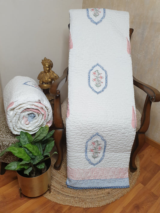 Pink Blue Jasmine Mirror Bedsheet & Bedcover Set