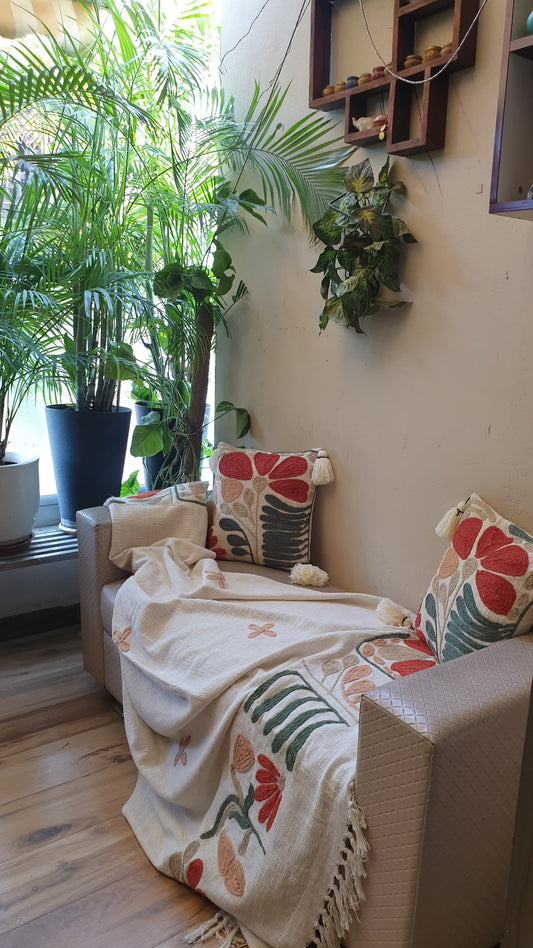 Rusty Green Embroidery and Tassel Cushion Cover