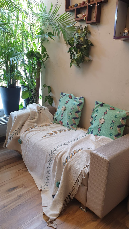 Leaf Embroidery and Tassel Throw