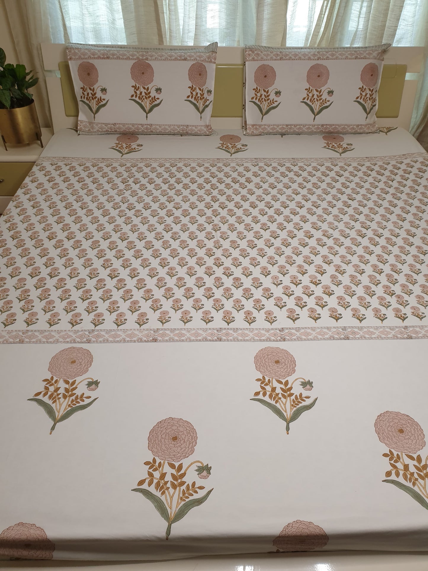 Peach Marigold Bedsheet & Bedcover Set