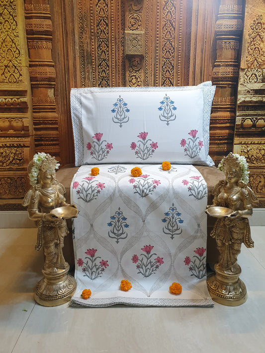 Pink Blue Kaneri Jaal Percale Bedsheet