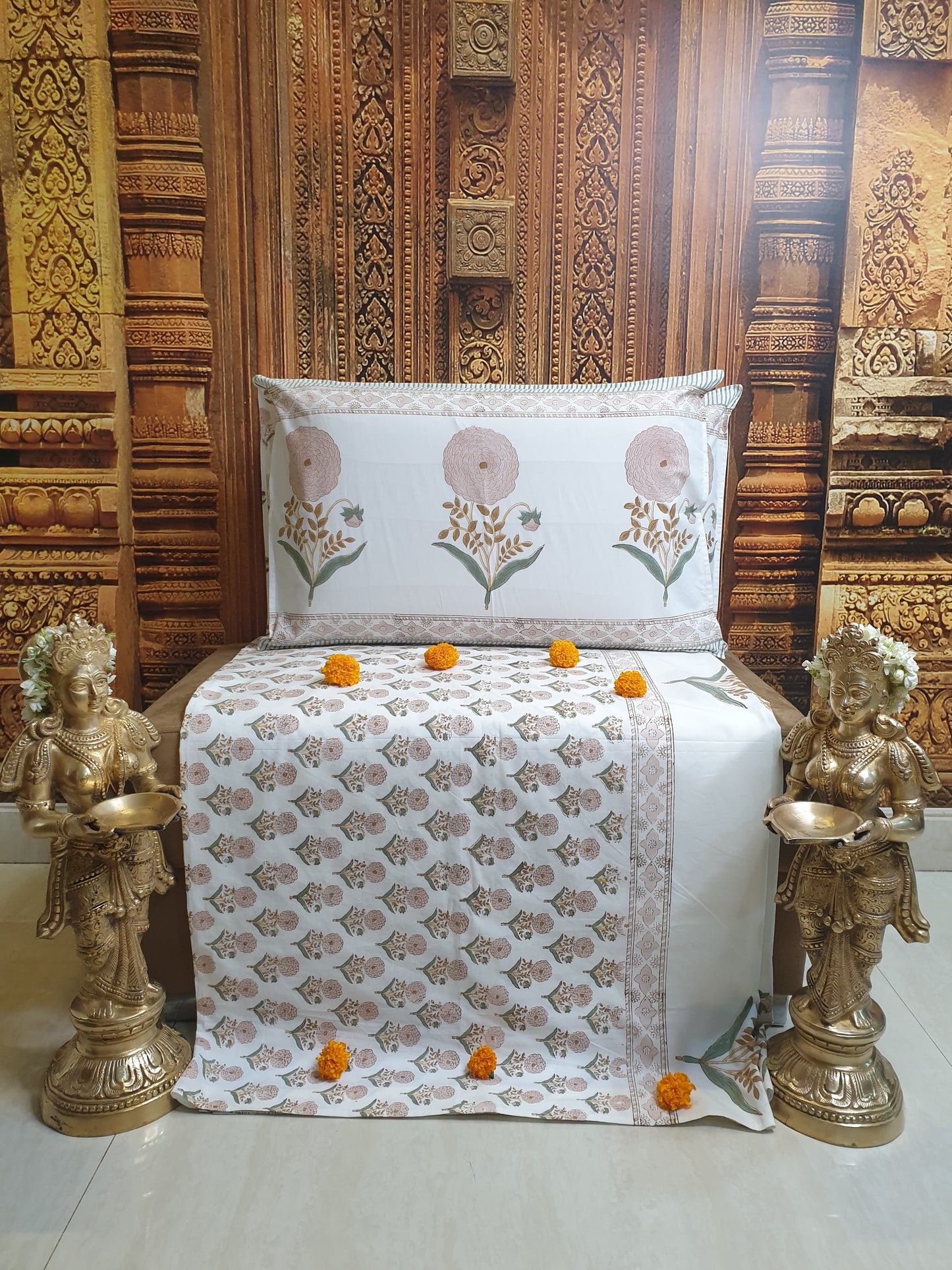 Peach Marigold Bedsheet & Bedcover Set
