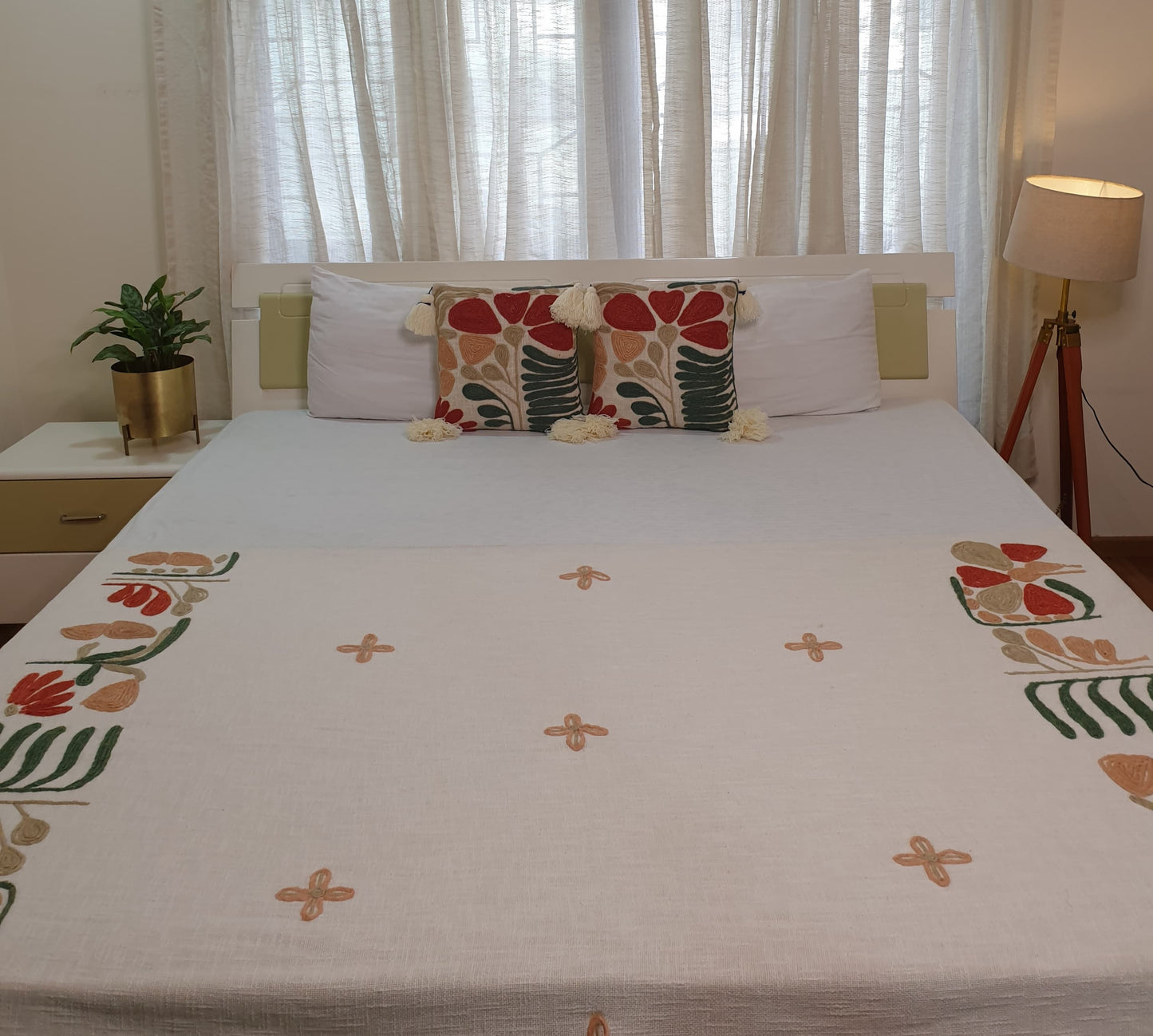 Rusty Green Embroidery and Tassel Throw