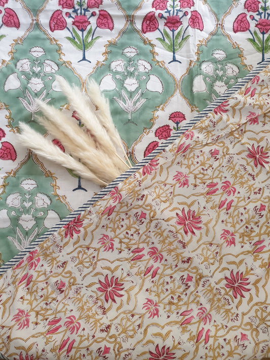 Organic Mulmul Cotton Dohar AC Blanket - Olive Mughal Jaal