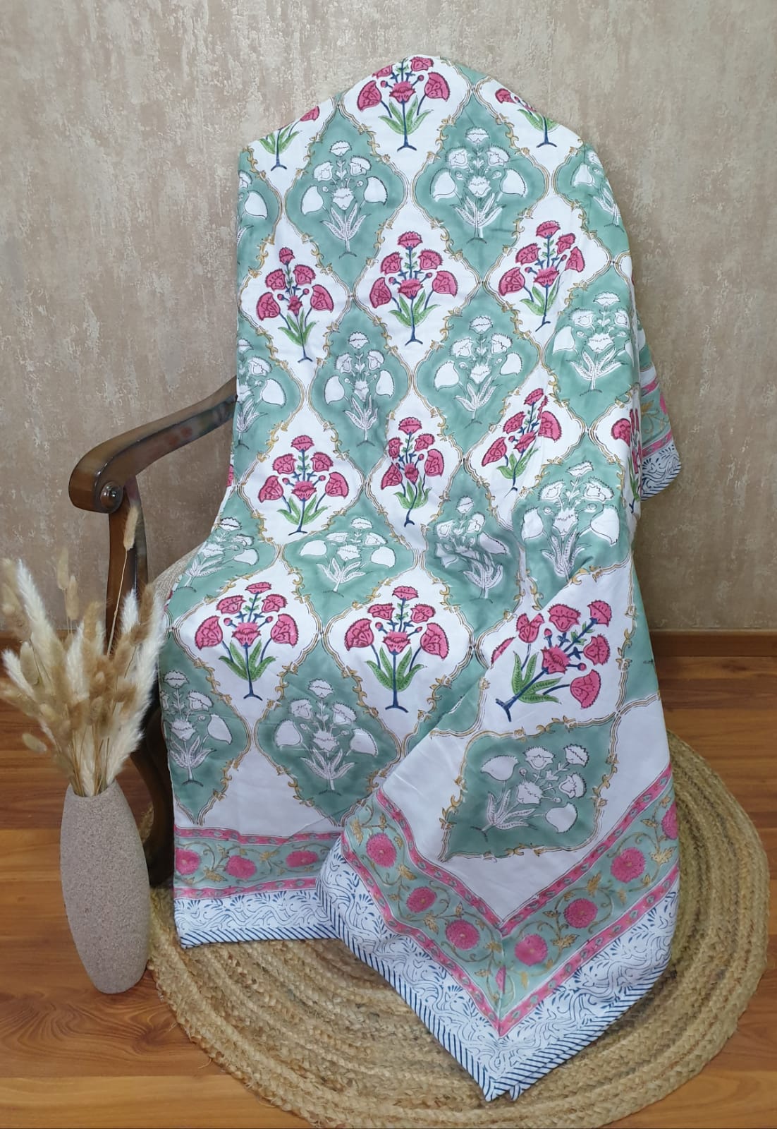 Organic Mulmul Cotton Dohar AC Blanket - Olive Mughal Jaal