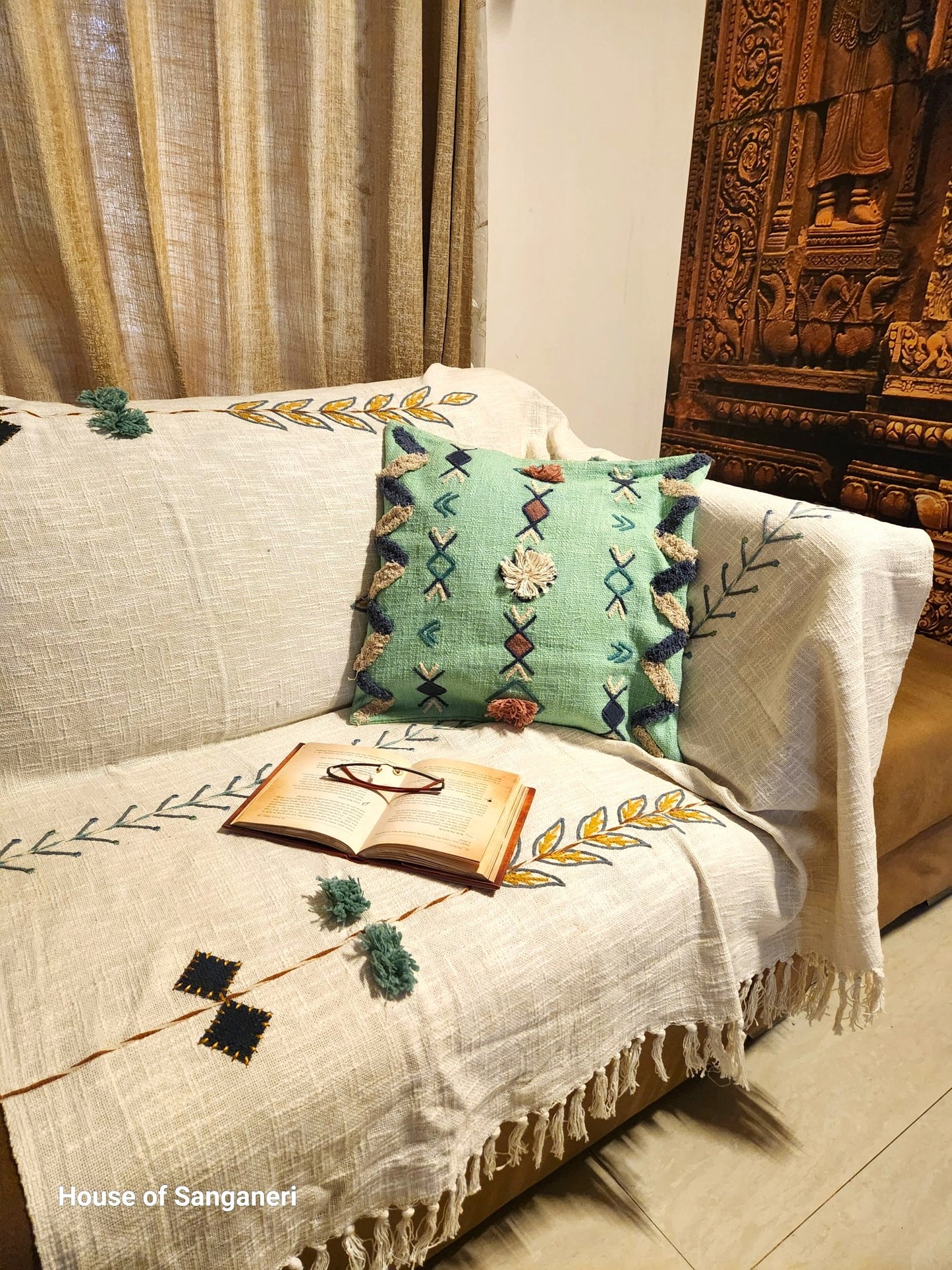 Geometric Embroidery and Tassel Throw