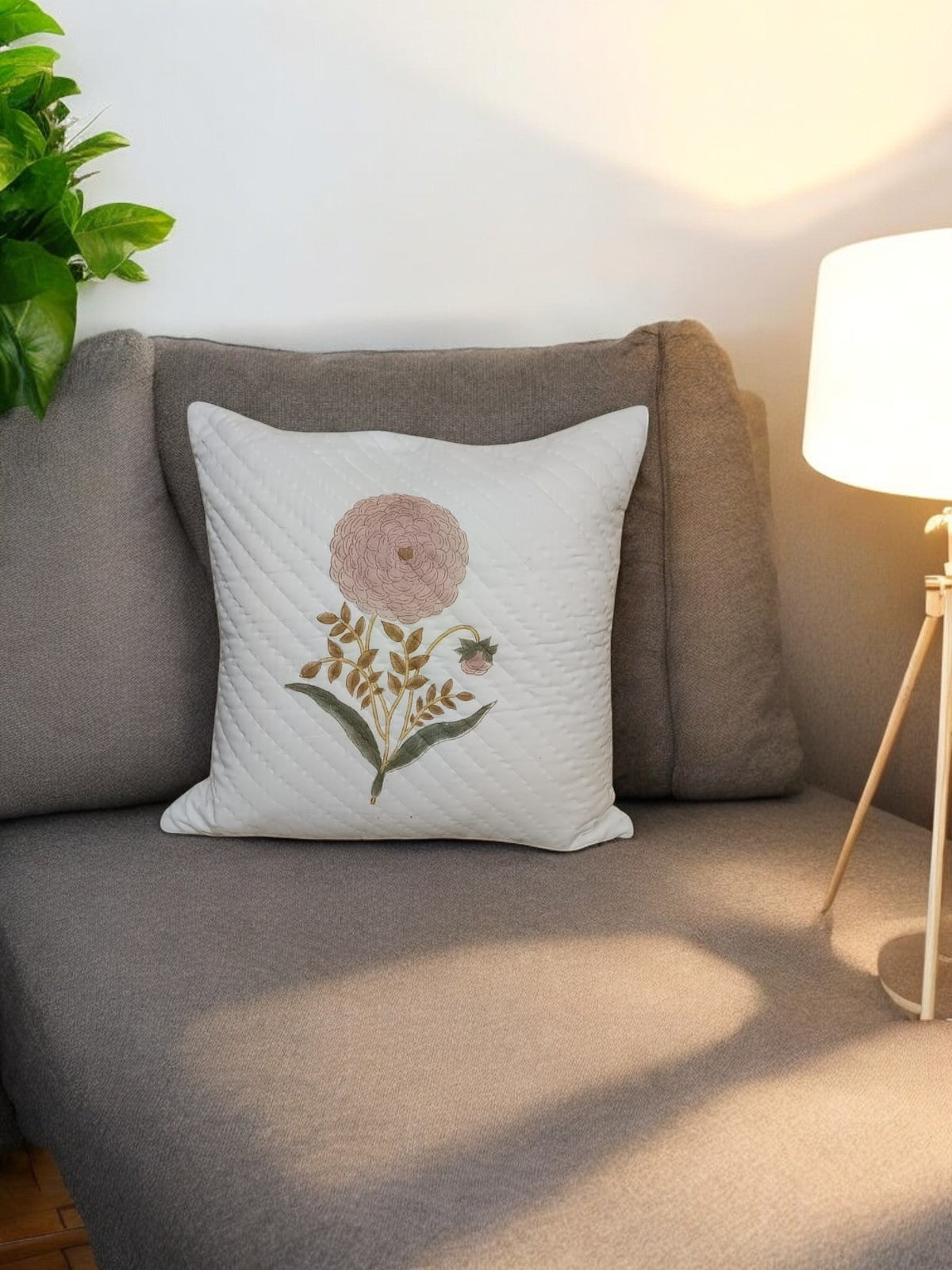 Peach Marigold Hand Quilted Cushion Cover