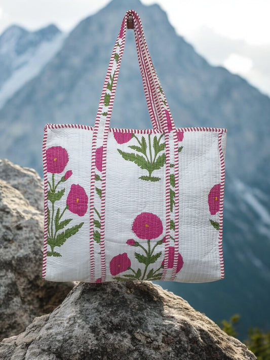 Pink Poppy Zipper Tote Bag & Pouch Set