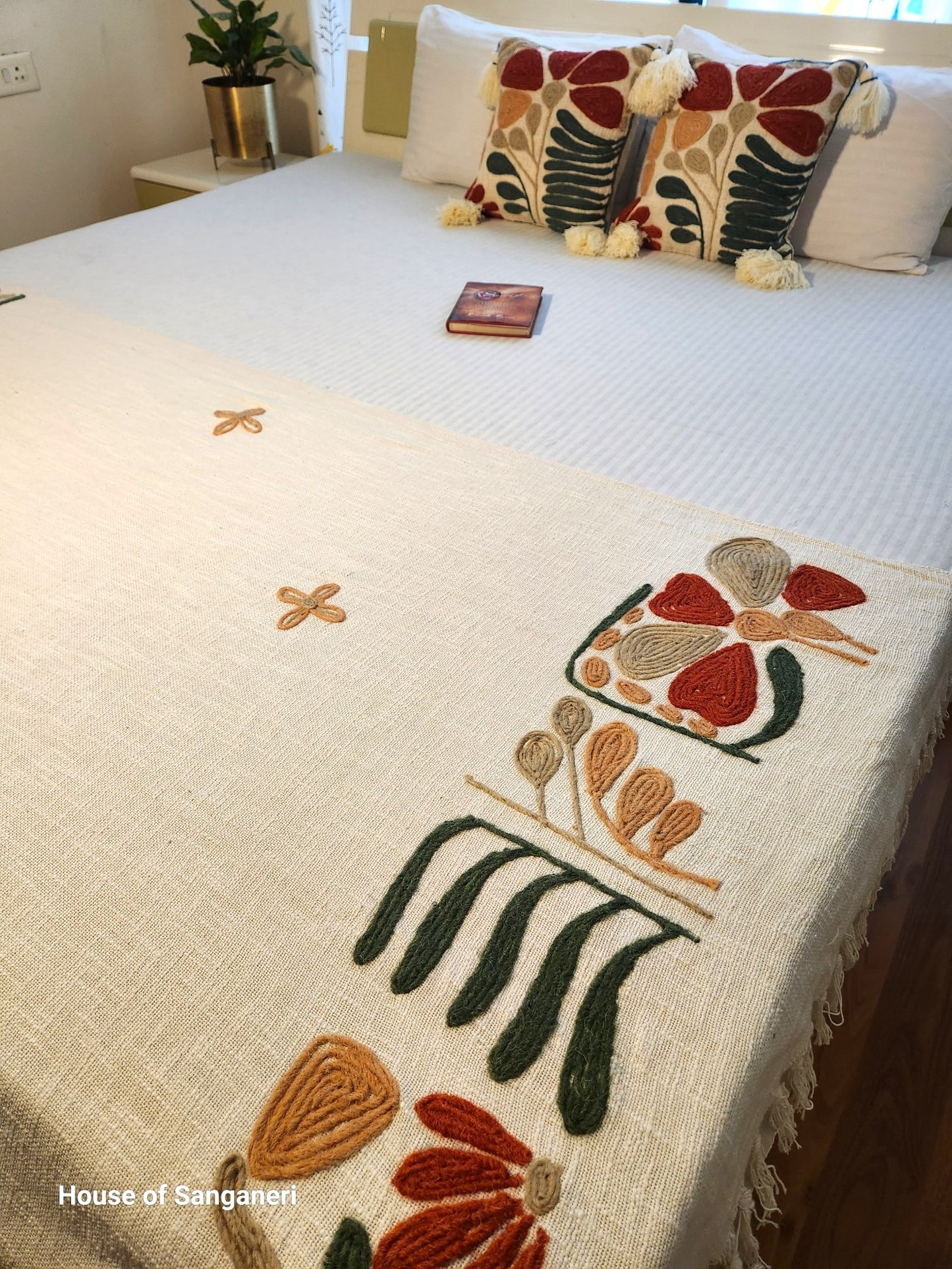Rusty Green Embroidery and Tassel Throw