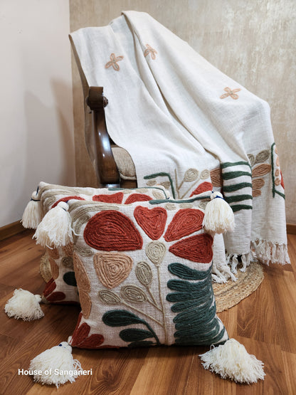 Rusty Green Embroidery and Tassel Throw
