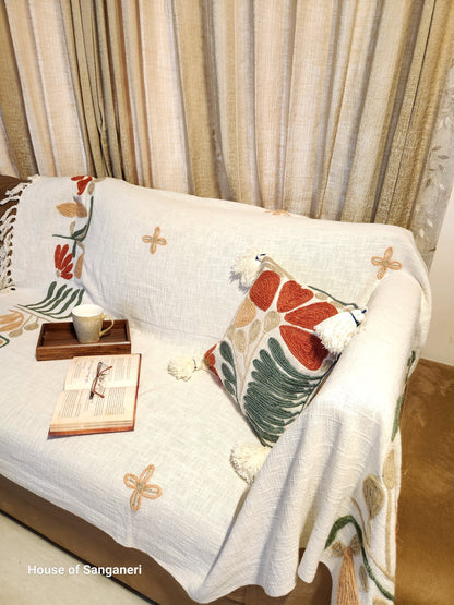 Rusty Green Embroidery and Tassel Throw