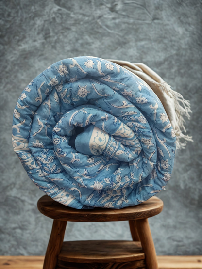 White Blue Floral Baghicha Reversible Mulmul Cotton Quilt-King Size
