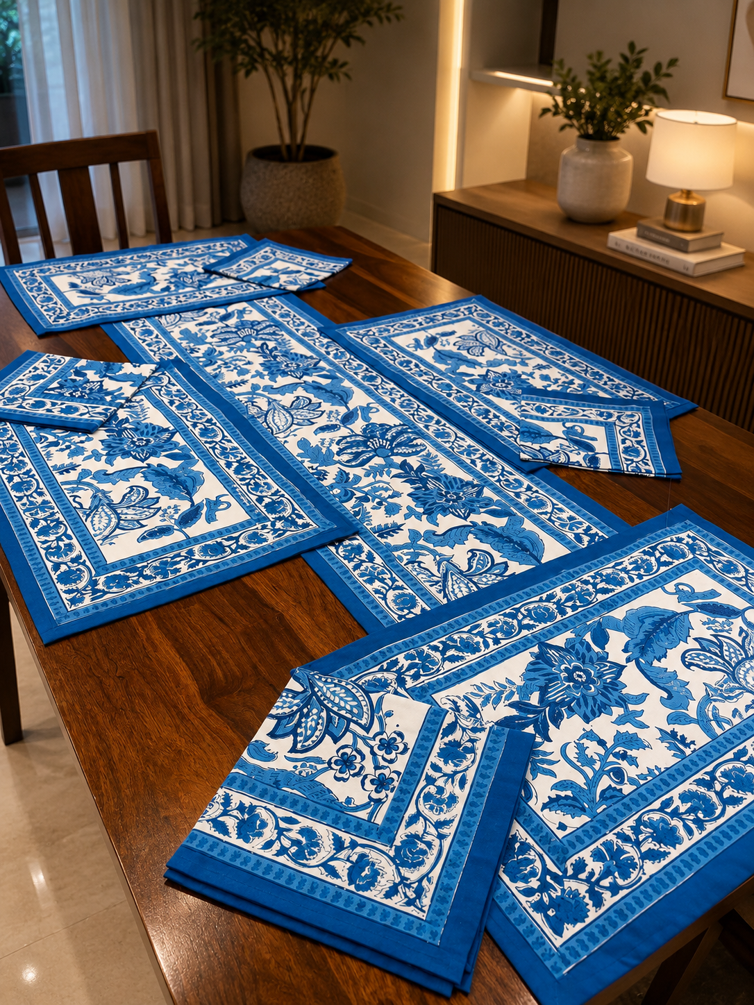 Blue Pottery-White Table Runner, Mat & Napkin Set