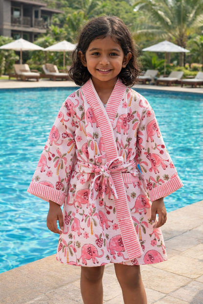 Kids Bathrobe- Elephant-Pink