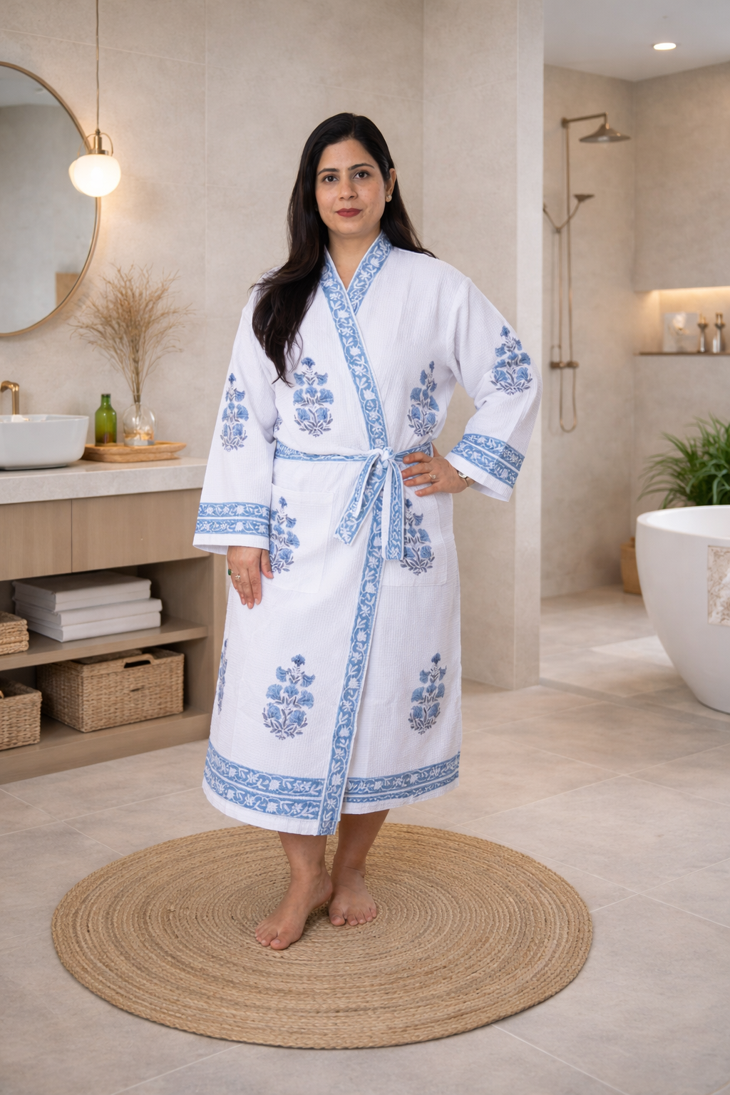White Blue Bathrobe and Towel set