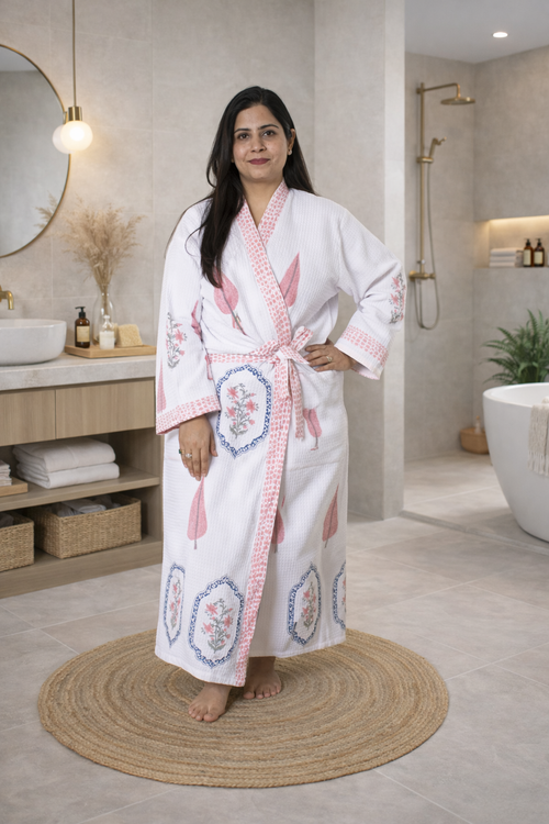 Pink Blue Jasmine Mirror Bathrobe and Towel set