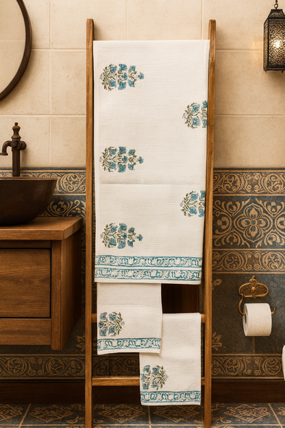 White Blue Bathrobe and Towel set