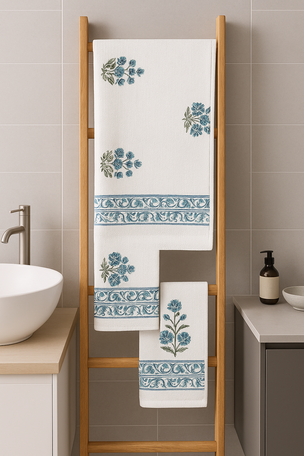 White Blue Bathrobe and Towel set