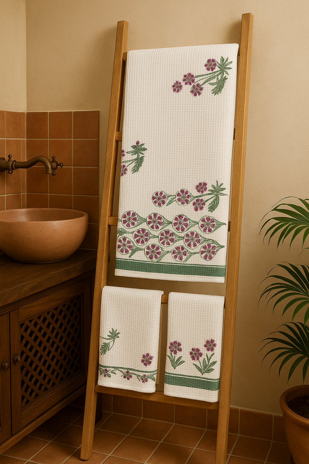 Pink Green Bathrobe and Towel set