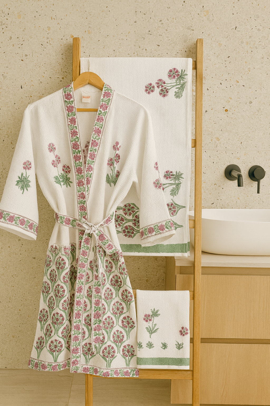 Pink Green Bathrobe and Towel set
