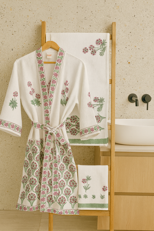Pink Green Bathrobe and Towel set