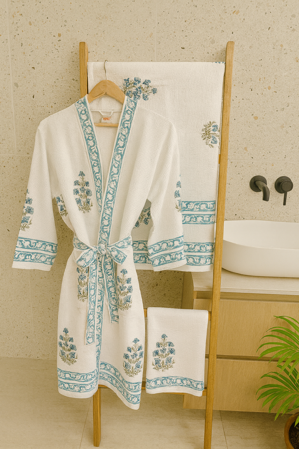 White Blue Bathrobe and Towel set