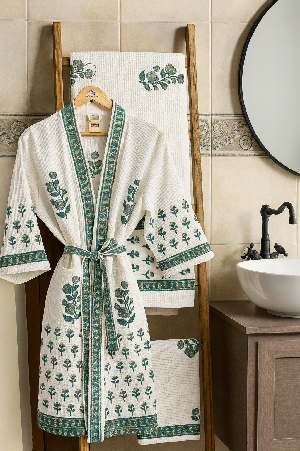Rose Green Bathrobe and Towel set